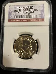 プルーフ 2007 D ジェームズ マディソン ドル 米国造幣局 $1 NGC Brillant UNC。