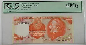 (1974) ウルグアイ バンコ セントラル 10,000 ペソ紙幣 SCWPM# 53b PCGS 66 PPQ ジェム 新品