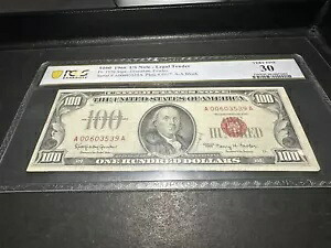 1966 年 $100 法定通貨レッドシール紙幣 FR.1550 PCGS 極細 VF 30