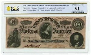 1864 CSA CT-65/491 $100 UNC 61 PCGS (L4018)