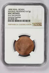 1808 年 インド 10 キャッシュ マドラス大統領 UNC の詳細 海で引き揚げられたガードナー提督