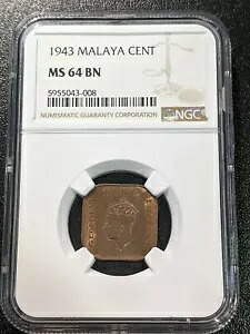 1943 MS64 BN マラヤ セント NGC UNC KM 6 キング ジョージ 6 世