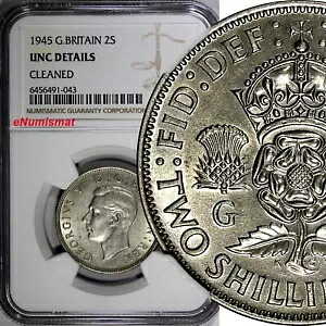 イギリス ジョージ 6 世 シルバー 1945 フロリン /2 シリング NGC UNC DET.WWII KM855(3)