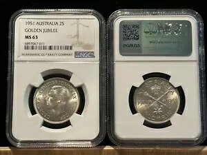 オーストラリア 1 フロリン 1951、NGC MS 63 Choice UNC / BU、ゴールデン ジュビリー、シルバー。 D1