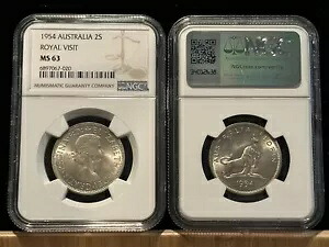 オーストラリア 1 フロリン 1954、NGC MS 63 Choice UNC / BU、QEII Royal Visit、シルバー。 D1