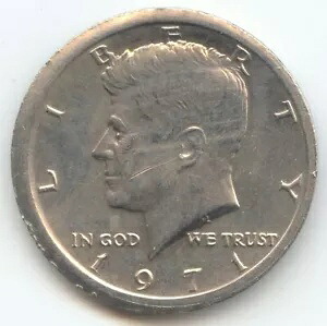 1971年 JFKハーフダラーエラー、部分的なカラー、レールロードリム、AU-Uncの詳細