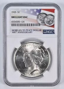1925 MS BU Unc Peace Silver Dollar NGC Flag 100th Ann Label *6970