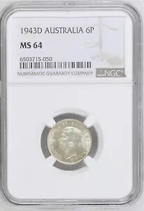 オーストラリア 6 ペンス 1943-D、シルバー、KGVI、NGC MS 64 選択 UNC / BU、光沢。 A2