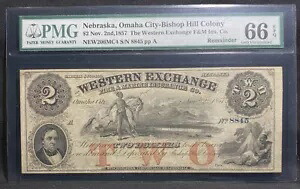 ネブラスカ オマハ シティ 1857 $2 紙幣 ウェスタン エクスチェンジ ファイアーマリン PMG ジェム Unc 66