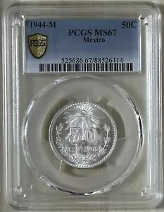 メキシコ 1944 - M 50 センタボス銀貨 ChBU 未流通 Unc PCGS MS 67 KM# 447
