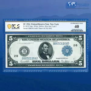 Fr.851c 1914 $5 5 ドル連邦準備銀行券ニューヨーク、PCGS XF 40 #01164