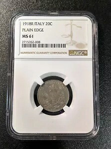 1918 MS61 イタリア 20 Centesimi PLAIN EDGE UNC NGC KM 58 希少！