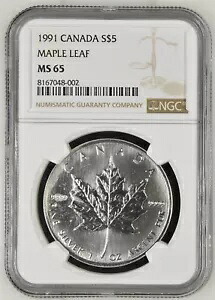 NGC MS65 | 1991 シルバー メープル リーフ S$5 1オンス カナディアン シルバー | GEM BU UNC MS
