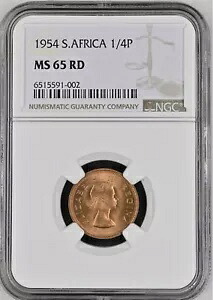 南アフリカ 1/4d 1954、ファシング、NGC MS 65 RD、ジェム UNC / BU、フルレッド。 E2