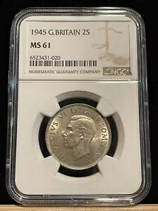 イギリス 2 シリング 1945、フロリン、NGC MS 61 UNC 未流通、KGVI。 B3
