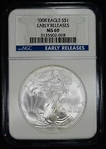 2008 $1 アメリカン シルバー イーグル NGC MS 69 ER |初期リリースの非流通 UNC