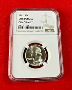 1942 US シルバー ワシントン クォーター NGC UNC 詳細 OBV クリーニング済み