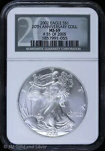 2002 $1 アメリカン シルバー イーグル NGC MS 69 | 20周年記念コレクション UNC BU