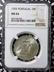 1955 ポルトガル 10 エスクード NGC MS64 ロット番号 G8612 シルバー! UNCを選択してください！