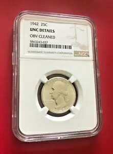 1942 US シルバー ワシントン クォーター NGC UNC 詳細 OBV クリーニング済み