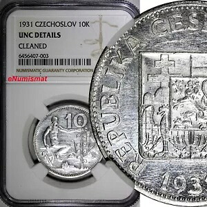 チェコスロバキア シルバー 1931 10 コルン 30 mm NGC UNC 詳細 KM# 15 (003)