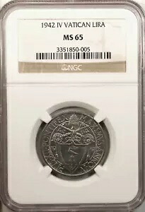 バチカン リラ 1942 IV NGC MS 65 UNC ステンレススチール ハイグレード 教皇ピウス 12 世