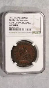 1852 NGC AU53 BN カナダ ペニー ヒートン ミント銀行 アッパー カナダ 1P コイン!