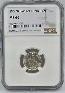1957 B スイス シルバー 1/2 フラン、NGC MS66、フロスティ サーフェス、宝石 UNC