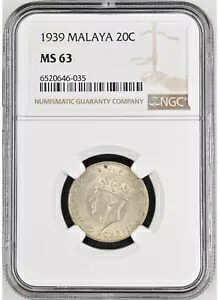 MALAYA 20 セント 1939、NGC MS 63 Choice UNC / BU、シルバー KGVI、ファーストデイト。 S2