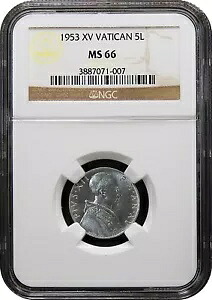 1953-XV バチカン 5 リラ ジェム ブリリアント UNC NGC MS66