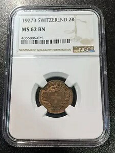1927 MS62 BN スイス 2 ラッペン NGC UNC KM 4.2 タフター デイト 500k 鋳造