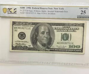 1996 US $100 連邦準備銀行紙幣の透かしが反転したエラー !!! PCGSによるグレーディング