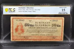 1942 スリナム 50 セント ジルバボン PCGS 紙幣 15 チョイス ファイン ピック #104c 希少!