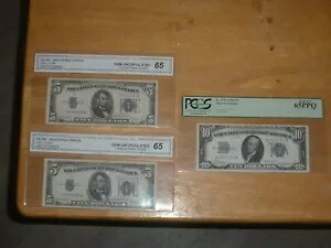 1934 年 $5 および $10 シルバー証明書連続 GEM 65 PPQ OPQ 3 紙幣ロット読み取り