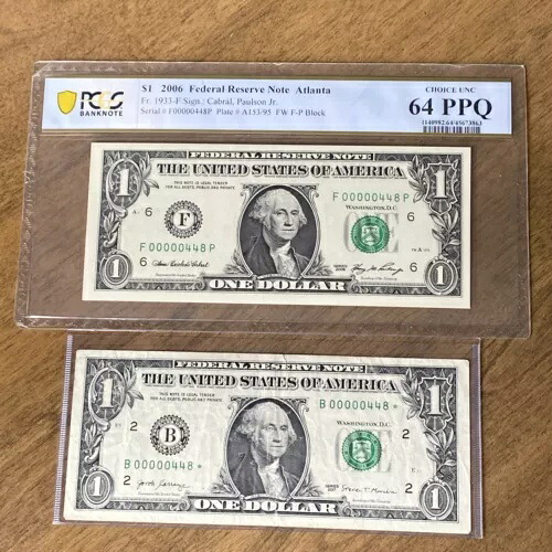 2 $1 2006 & 2017 一致する低いシリアル番号連邦準備銀行券 00000448