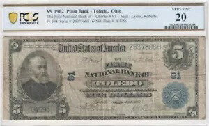 $5 1902 国立銀行券通貨、オハイオ州トレド第一国立銀行。 VF20。