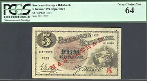 スウェーデン、5 クローナ、P33fs、1923 年、標本、Choice Unc、PCGS 64、レア 80,465円