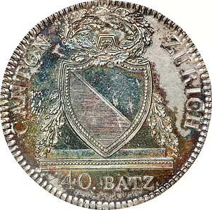 1813B チューリッヒ ベルン ミント シルバー 40 バッツェン KM191 PCGS UNC 詳細