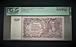 オーストリア p-130、AUNC、50 シリング、1951、PCGS グレード 55 PPQ