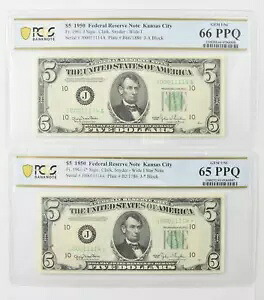 (2) 1950 $5 カンザスシティ FRN Fr#1961-J スターノート ジェム Unc 66/65 PPQ PCGS *6133