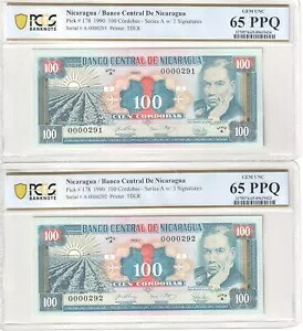 1990 年ニカラグア 100 コルドバ連続ペア紙幣 - P# 178 - PCGS 65 PPQ