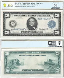 1914 年 $20 連邦準備銀行券 F-971a PCGS AU-50