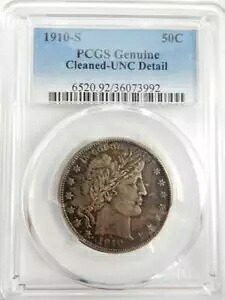 *1910-S シルバー バーバー ハーフダラー、PCGS クリーニング済み UNC 詳細 #R129