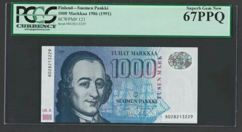フィンランド 1000 マルカー 1986(1991)年 P-121 UNC PCGS67PPQ