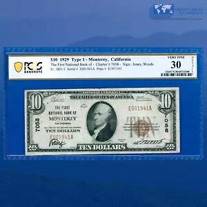 Fr.1801-1 1929 $10 カリフォルニア州モントレー第一国立銀行、憲章 #7058、PCGS 30｜WORLD RESOURCE【QUEEN店】