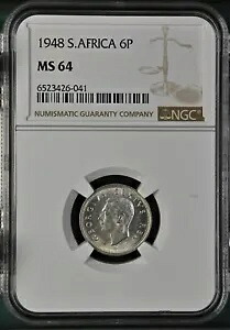 南アフリカ 6 ペンス 1948、NGC MS 64 Choice UNC / BU、光沢あり。ナイスグレード。 F2｜WORLD RESOURCE【QUEEN店】