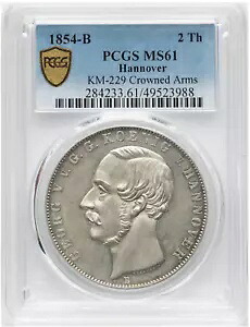ミンテージが低い！ 1854 B ドイツ ハノーファー 2 ターラーターラー PCGS MS61 UNC｜WORLD RESOURCE【QUEEN店】