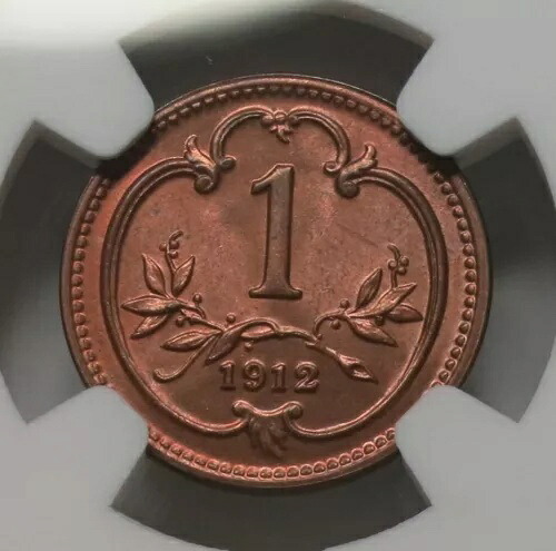 オーストリア ハンガリー エンパイア 1 ヘラー 1912 NGC MS 66 RB UNC レッドブロンズ イーグル #047