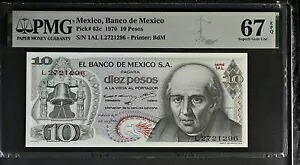 メキシコ 10 ペソ 1970 P 63 c 素晴らしい宝石 UNC PMG 67 EPQ