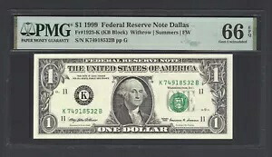 米国連邦準備制度 1 ドル 1999 Fr#1925-K (KB ブロック) UNC グレード 66